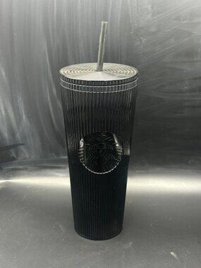 Starbucks Venti Black Ribbed Tumbler with Straw